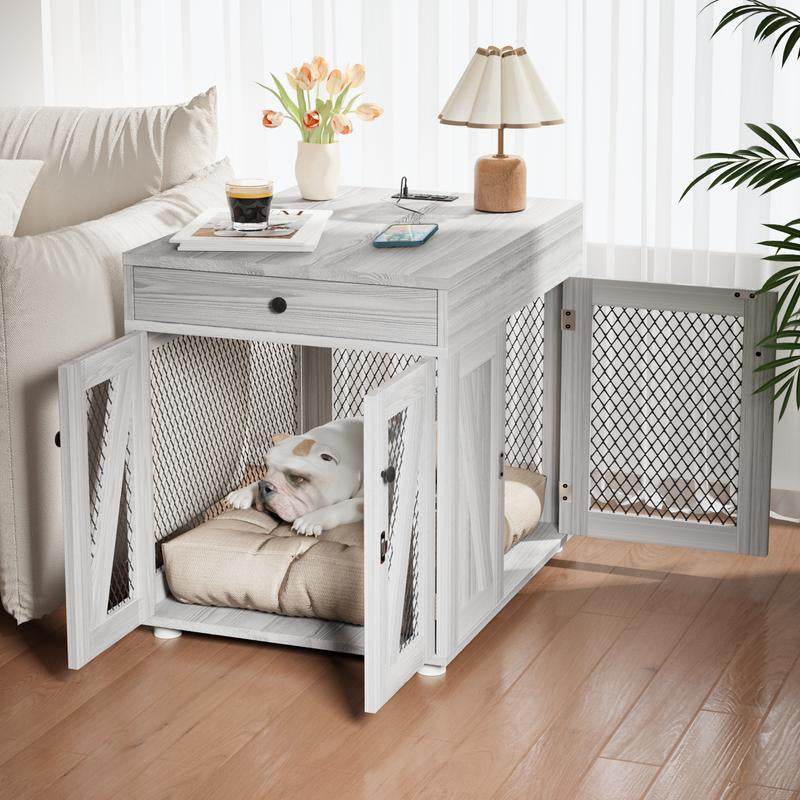 Furniture-Style Wooden Dog Crate End Table with USB Charging, Storage Drawer & Double Latch – For Medium Dogs up to 40 lbs
