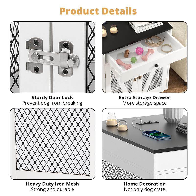 Furniture-Style Wooden Dog Crate End Table with USB Charging, Storage Drawer & Double Latch – For Medium Dogs up to 40 lbs