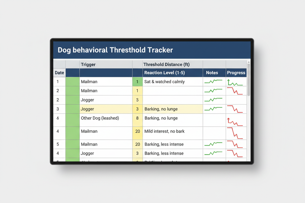 Google Sheets dog behavioral threshold tracker screenshot mockup