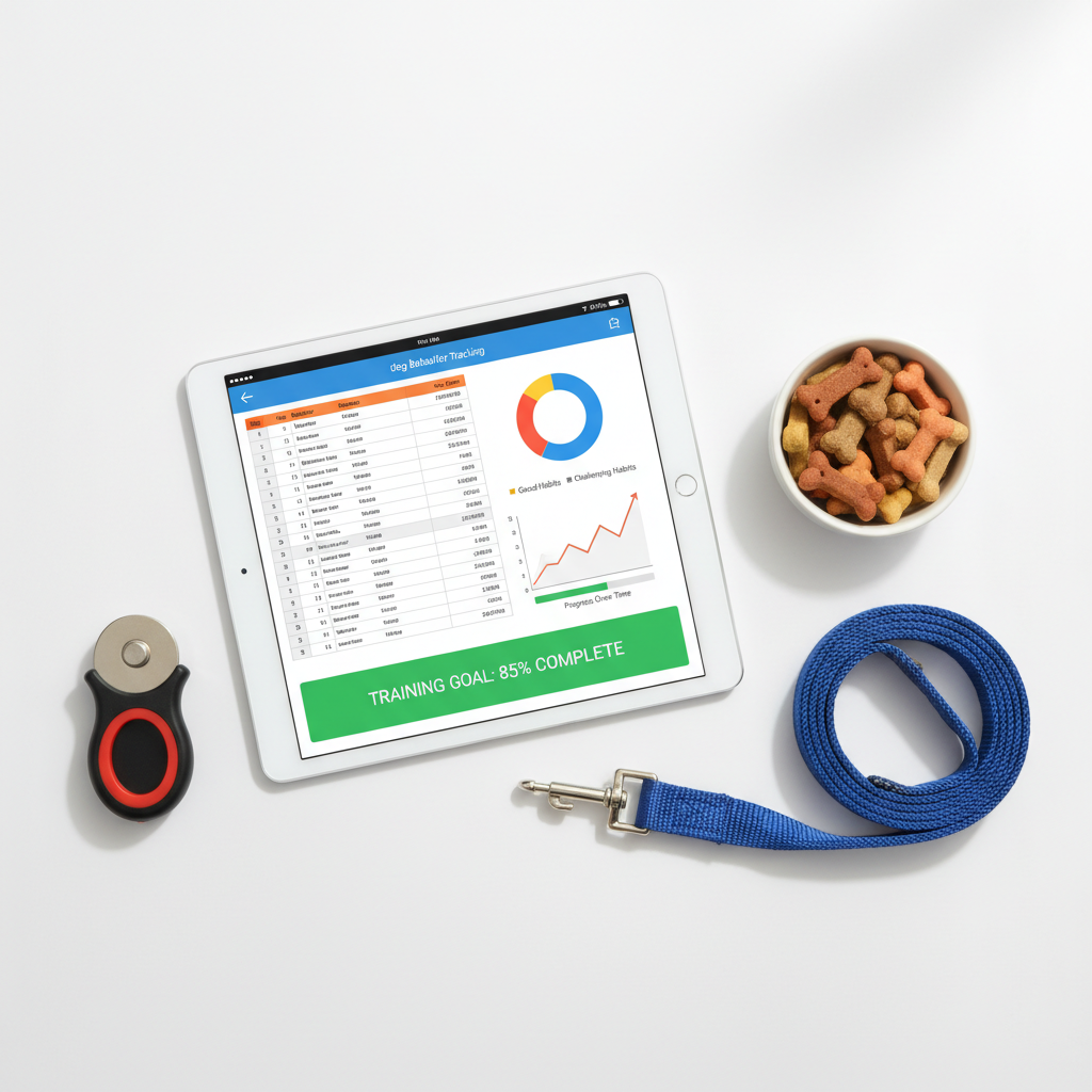 Tablet flat lay with dog training tracker and accessories